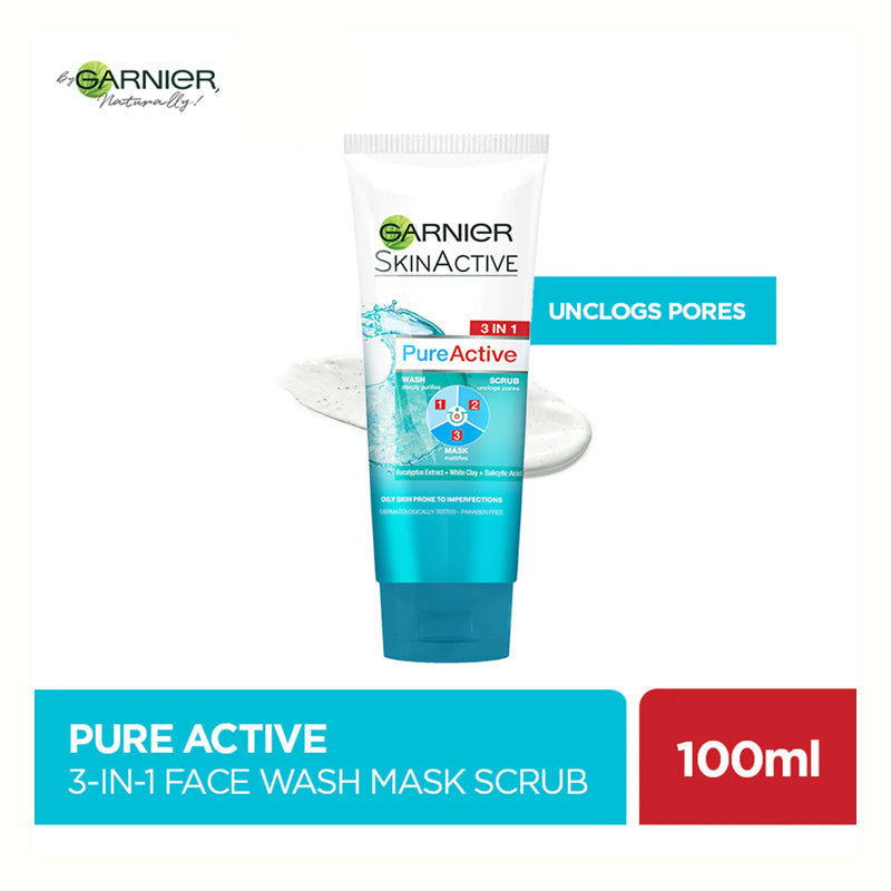 GARNIER PURE ACTIVE 3 IN 1 FACE WASH+SCRUB+MASK
